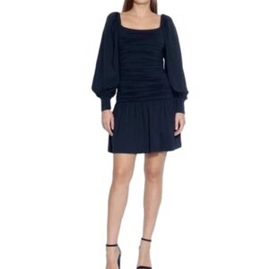 SUSANA MONACO NWT  Navy Long Poet Sleeve Ruched Midsection Square Neck Mini